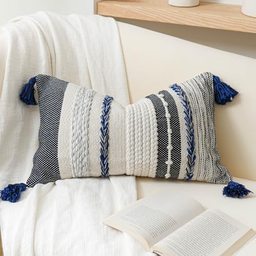 Decorative Lumbar Throw Pillow Cover 14x24 Boho Dark Blue Accent Cushion for Couch Sofa Farmhouse Pillowcase for Bedroom Living Room Home Décor Cover ONLY