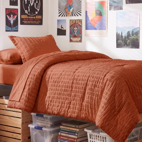 Twin XL Comforter Set 5 Pieces Burnt Orange Seersucker Bed in a Bag