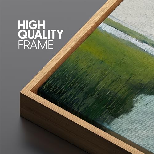 Large Framed Canvas Print Wall Art Serene Marshland Landscape Green and Blue Peaceful Illustrations Antique Retro Fine Art Illustrations Decorative Colorful for Bedroom