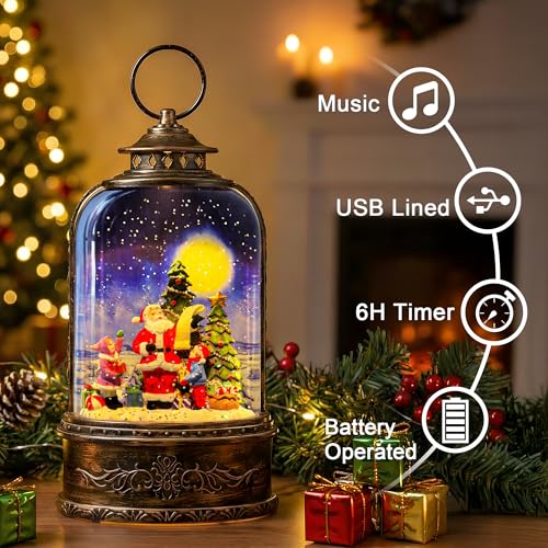 Christmas Snow Globe Water Lantern with Santa List Scene Battery Operated or USB Powered Musical Lighted Holiday Decoration for Tabletop Display for Family and Friends