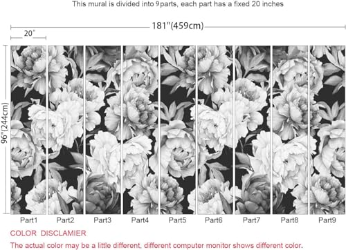Black and White Peonies Wallpaper Watercolor Floral Mural Wallpaper for Bedroom Living Room
