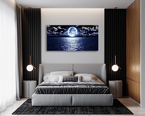 S06950 Wall Art Canvas Prints Moon Sea Ocean Landscape 1 Panels Full Moon in Cloud Pictures Paintings Stretched and Framed for Living Room Bedroom Kicthen Office Artwork 20x40inch