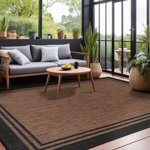 Bordered Outdoor Rug 10x14 Washable Outside Carpet for Indoor Patio Porch Waterproof Easy Cleaning Non Shedding Area Rugs Nut Brown 10 x 14