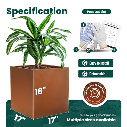 Corten Steel Planter Box 17" L x 17" W x 18" H