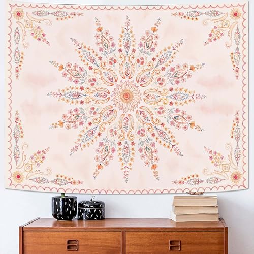 Boho Floral Mandala Tapestry for Bedroom Aesthetic Pink Bohemian Flower Wall Tapestry Watercolor Hippie Indian Small Tapestries Wall Hanging for Living Room Dorm Decor 40 x 30 Inch