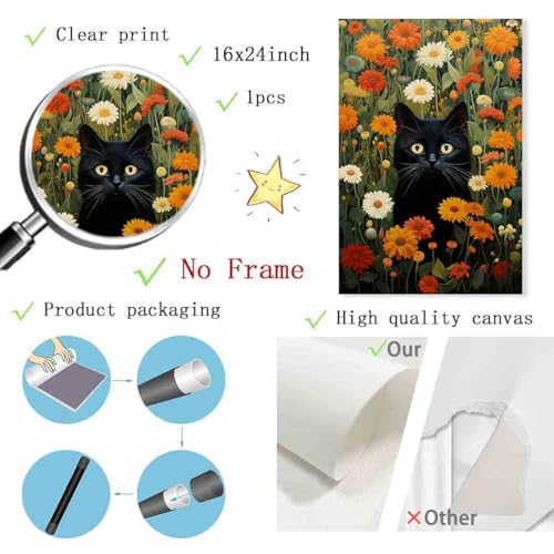 Black Cat Wall Art Colorful Flower Pictures Funny Cat Painting Green Plant Pictures Colorful Wildflowers Wall Art Cute Animals Floral Picture Aesthetic Living Room Decor 16x24inch No Frame