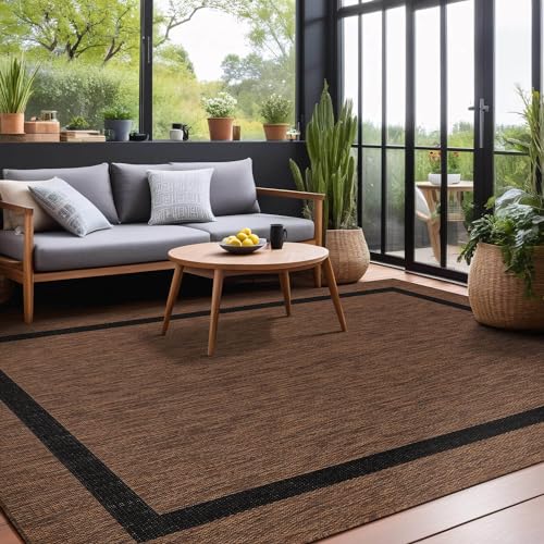 Bordered Outdoor Rug 8x10 Washable Outside Carpet for Indoor Patio Porch Waterproof Easy Cleaning Non Shedding Area Rugs Nut Brown