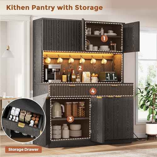 Fluted Kitchen Pantry Storage Cabinet with Charging Station & LED Lights