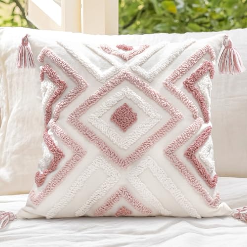 Boho Pillow Covers 18X18 Inch Boho Tufted Throw Pillow Covers Decorative Tassels Cushion Cover Farmhouse Pillow Case for Couch Sofa Bed Living Room Bedroom