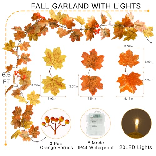 20 LED Fall Leaves Garland with Lights Battery Operated Timer Yellow