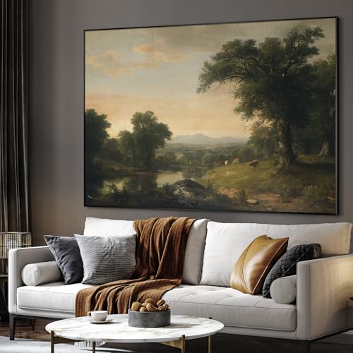 60"x72" Extra Large Framed Wall Art Classic River Valley Landscape Vintage Style Countryside Illustration for Home Living Room Bedroom Decor