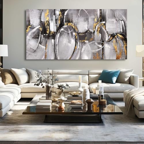 Black and Grey Painting Pictures Abstract Wall Decor for Office 29"x 58" Modern Artwork Gold Foil Wall Art for Living Room Dining Room Bedroom
