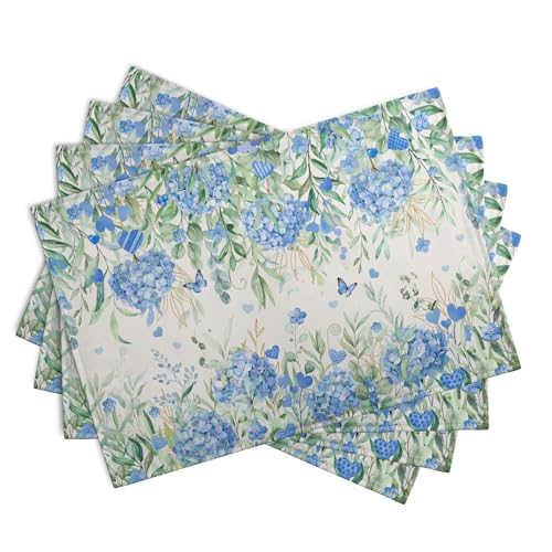 Hydrangea Spring Summer Placemats Set of 4 Sage Green Eucalyptus Leaves Blue Floral Butterfly Placemat 12x18 Inch Seasonal Holiday Table Place Mats for Farmhouse Kitchen Dining Decor (4 Count)