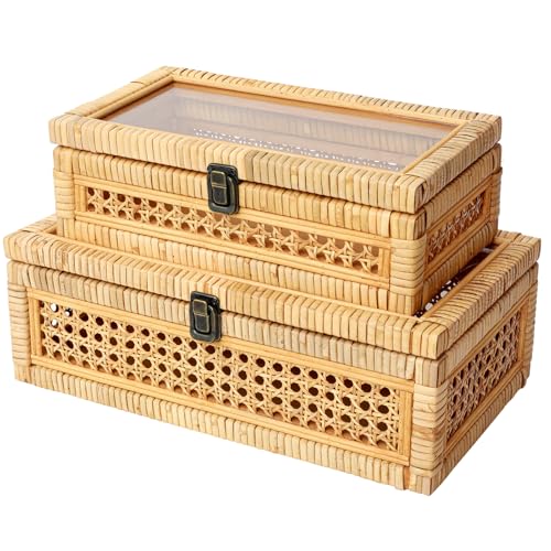 Rattan and Cane Stacking Boxes with Glass Top Lid