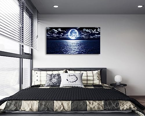 S06950 Wall Art Canvas Prints Moon Sea Ocean Landscape 1 Panels Full Moon in Cloud Pictures Paintings Stretched and Framed for Living Room Bedroom Kicthen Office Artwork 20x40inch