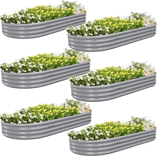 6 Pack 8x4x1FT Galvanized Raised Garden Bed Kit Oval Metal Ground Planter Box Outdoor Bottomless Planter Raised Beds for Vegetables Flowers Herbs Fruits