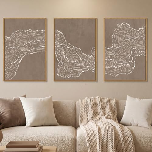 Abstract Neutral Wave Line Framed Canvas Wall Art Set