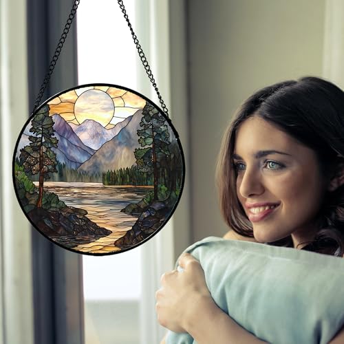 Mountain Lake Stained Glass Window Hanging Suncatcher Gifts for Women 12"