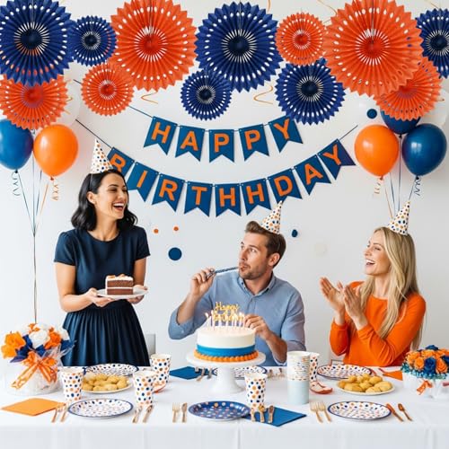 Honeycomb Round Paper Fans Blue Orange Hanging Party Decoration (12 Count)