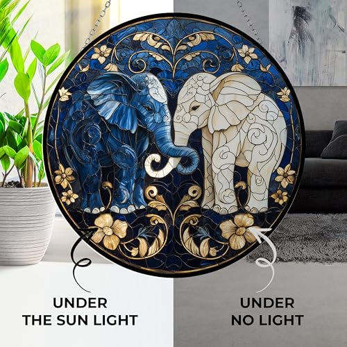 Customized Gentle Elephants Art Nouveau Stained Glass Window Hanging