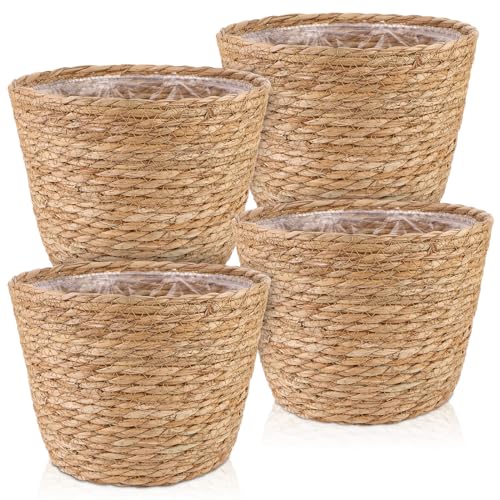 4 Pcs Large Premium Seagrass Planter Basket with Plastic Lining Natural Stylish Planter Baskets Indoor Outdoor Plants Woven Wicker Baskets for Plants Flower Pots Cover and Room Decor (4 Count)