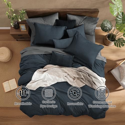 Queen Comforter Set 7 Pieces Navy Blue Cationic Dyeing Bed in a Bag