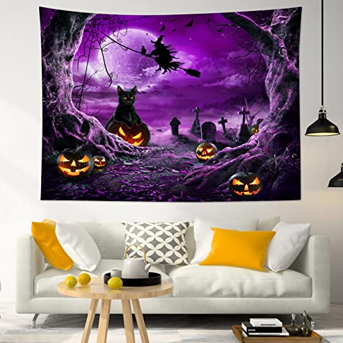 Halloween Wall Tapestry Horror Witch Cat and Dead Tree Pumpkin Lights with Spooky Graveyard Tapestry Purple Full Moon over Misty Forest Wall Art Decor for Bedroom Living Room Dorm 59x51 Inches