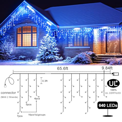 66FT Icicle Lights for Outside 640 LED Blue and White Christmas Lights