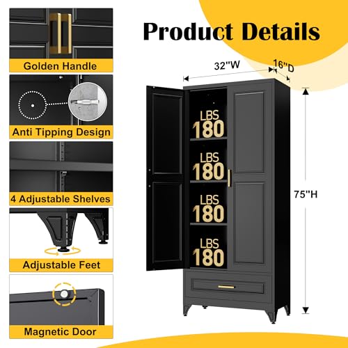 75" Metal Storage Cabinet with Doors and 3 Adjustable Shelves