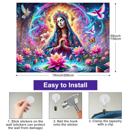 Virgin Mary Psychedelic Floral Art Blacklight Tapestry 78x59 Inch