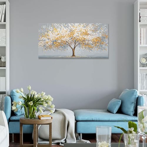 Canvas Wall Art Decor Gold Silver Tree of Life Canvas Art Wall Decor For Living Room Modern Botanical Nature Canvas Prints Elegant Metallic Leaf Tree Wall Art Decor For Bedroom Home Office Decor 20"×40"