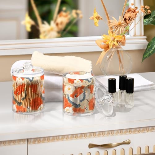2 Pack Qtip Holder Organizer Dispenser Cranes Orange Flowers Bathroom Storage Canister Cotton Ball Holder Container for Cotton Pads (2 Count)