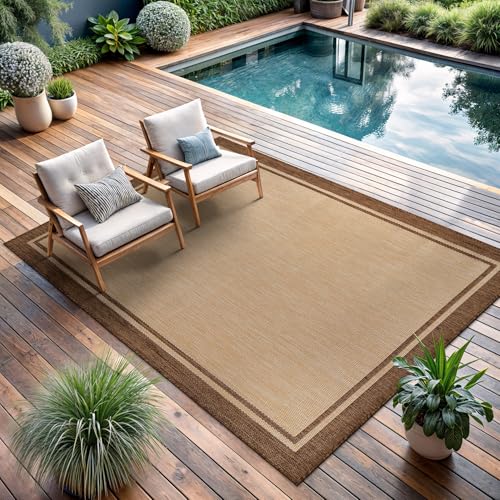 Outdoor Rug 5x7 Bordered Natural Brown Modern Area Rugs for Indoor and Outdoor Patios (5040 sq in Count)