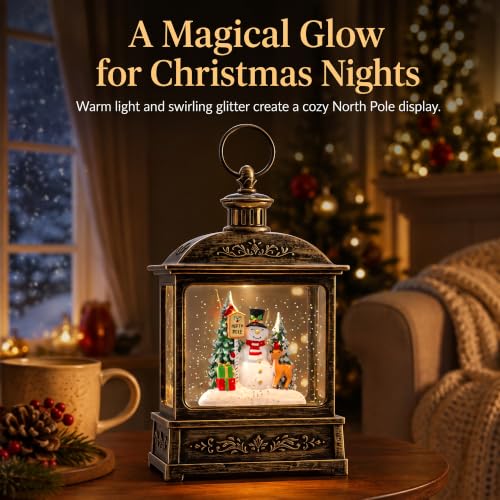 Christmas Snow Globe Lantern Water Glittering North Pole Snowman with Music & Timer
