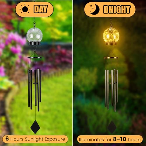 Solar Wind Chimes Outdoor Lights 42 Inch Large Sympathy Gift Chime 15 LED Twinkle Warm White Crackled Glass Ball Hanging Lantern Gifts for Birthday Garden Yard Patio Landscape Decor