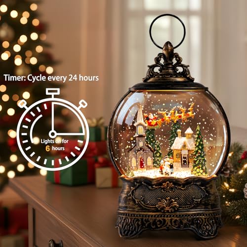 Christmas Snow Globes Lantern Snow Globe with Music Water Lantern Santa Flying Scene Elk Lighted Swirling Water Glitters Snowglobe Christmas Decoration