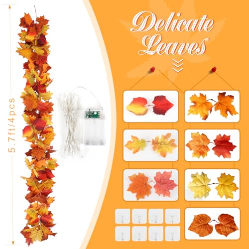 4 Pack Fall Garland with 6.5FT LED Lights (26 Foot)