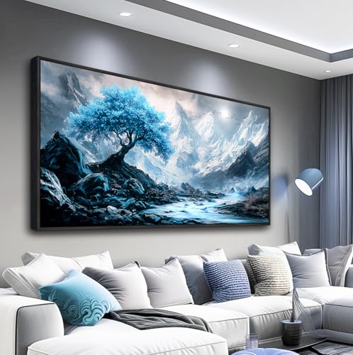 Black Framed Canvas Wall Art For Living Room Wall Decor For Bedroom Office Wall Decorations Blue Tree Landscape Paintings Modern Pictures Artwork Room Aesthetic Home Decor 20x40 In