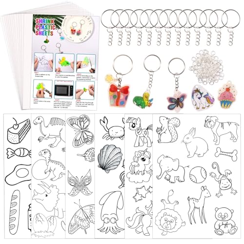 Shrinky Dink Sheets Kit 145Pcs Shrink Art Kit Including 20pcs Shrinky Paper Sheets 6pcs Traceable Picture Keychains Accessories (145 Count)