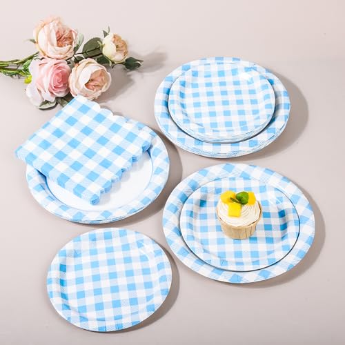 150 Pcs Light Blue Gingham Paper Plates and Napkins (150 Count)
