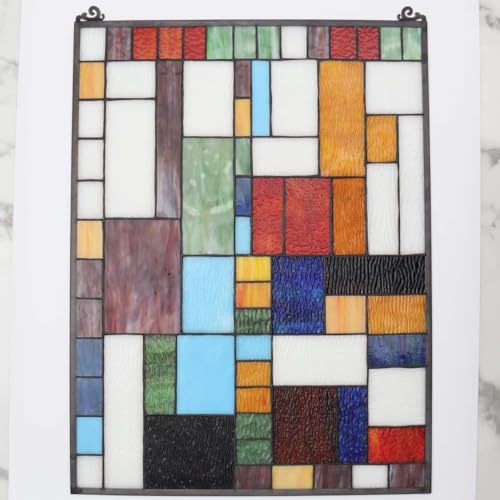 Geometric Color Block Tiffany Style Stained Glass Window Panel with Hanging Chain