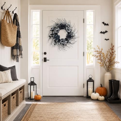 22 Inch Black and Silver Halloween Wreath with 40 Orange LEDs