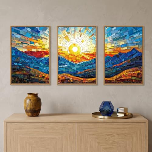 Abstract Blue Boho Mountain Framed Canvas Wall Art Set