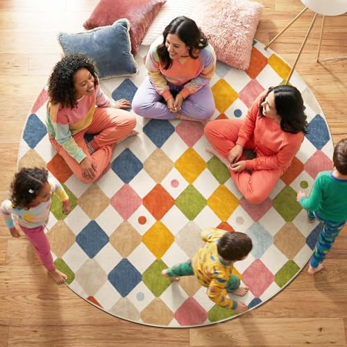 7ft Kids Round Rug Washable Classroom Rug Colorful Checkered Mat (38.48 Sq Ft)