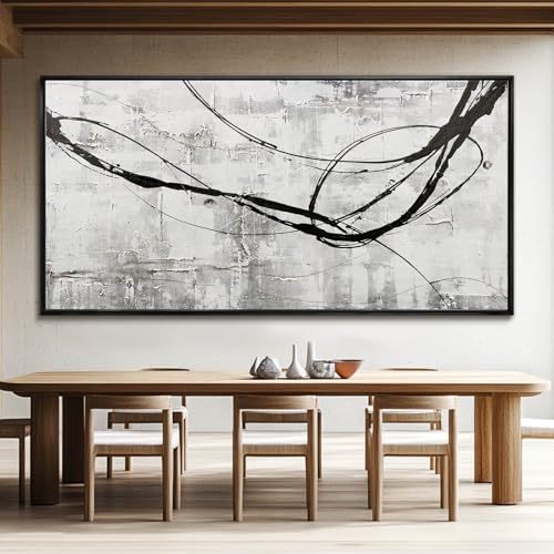Black Line Canvas Pictures Gray Decorative Painting 29"x58" Wood Wall Art Modern Art Prints Abstract Wall Art for Living Room Wall Pictures for Bedroom