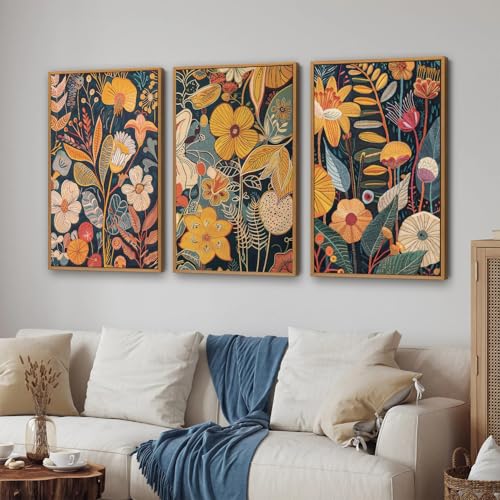 Orange Floral Framed Canvas Wall Art Set of 3 (3 Count)