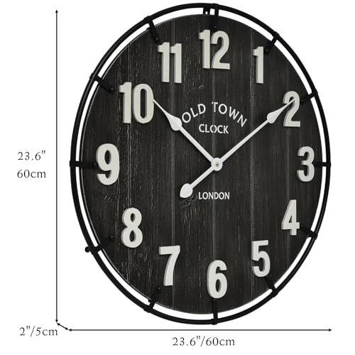 Large Old Town Farmhouse Black Wall Clock 24 Inch Rustic Antique Wood with Metal Circle and Large Numerals Silent Battery Operated Wall Clock for Office Kitchen Bedroom Living Room