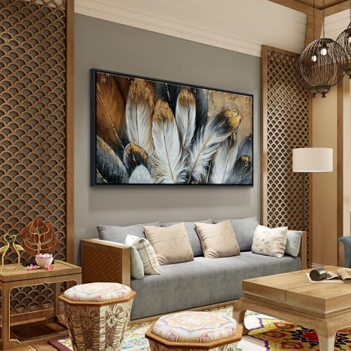 Framed Wall Art Modern Living Room Bedroom Wall Decoration Large Canvas Painting Artwork for Home Decor Gold Brown Feather Picture Ready to Hang 30x60 Size Black Framed
