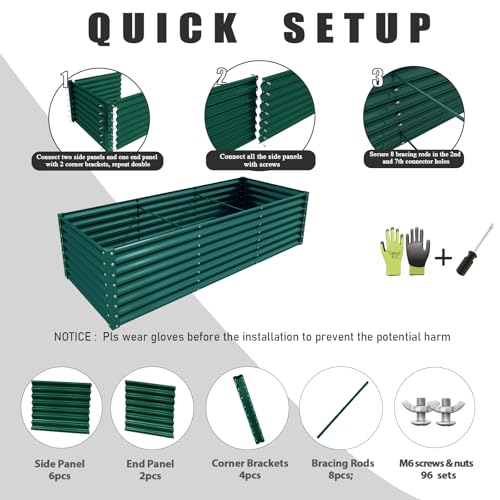 1 Pack 8x3x2FT Galvanized Raised Garden Bed Kit Retangular Metal Ground Planter Box Outdoor Bottomless Planter Raised Beds for Vegetables Flowers Herbs Fruits