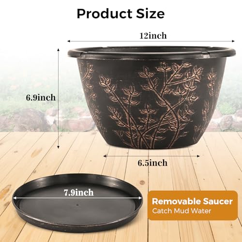 12-inch-Flower-Pots-Outdoor-Indoor, 4 Pack Plastic Planter Pots for Plant with Drainage Hole Saucer, Decorative Resin Garden Container with Tray (4 Count)